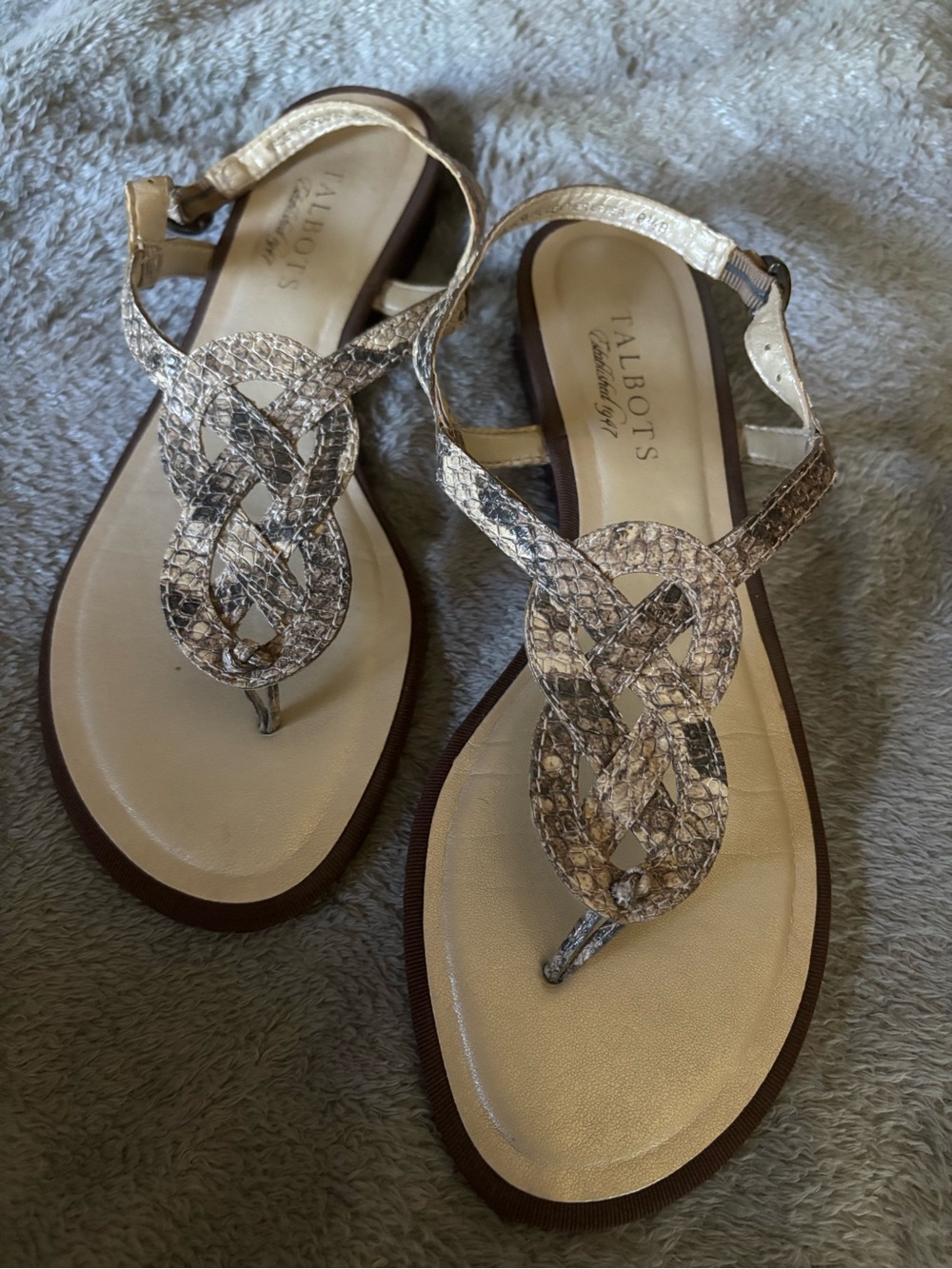 Talbots Metallic Snake-Print Braided Thong Sandals in Gold and Tan